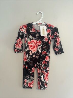 NEW small shop 3/6m black with red & pink Floral button up Romper